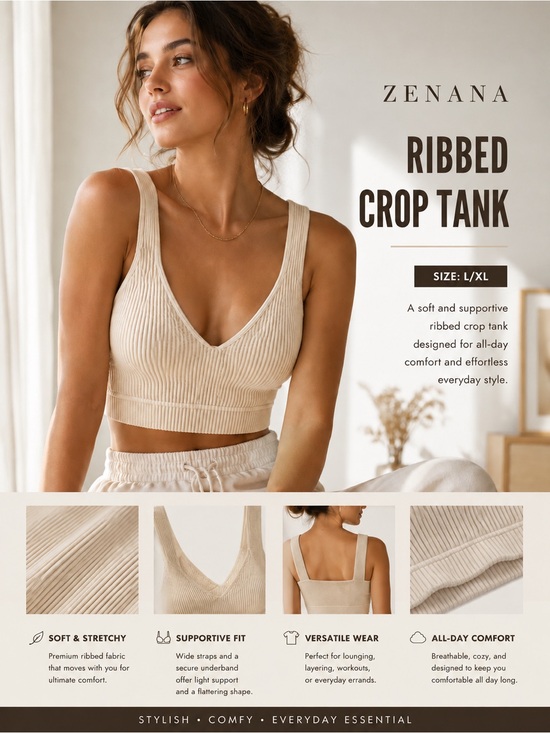 Zenana Outfitters Tops - Zenana Ribbed Crop Tank Bralette | L/XL | Neutral Beige✨✨